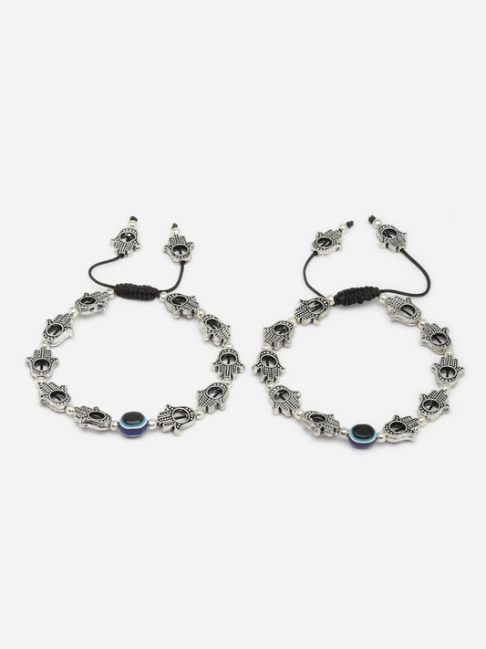 Silver-Plated Artificial Beads Oxidised Evil Eye Hamsa Charm Anklets