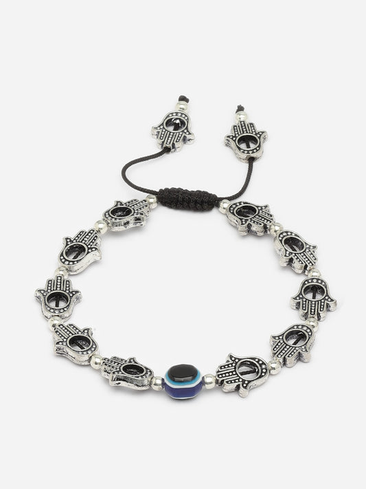 Silver-Plated Artificial Beads Oxidised Evil Eye Hamsa Charm Single Anklet