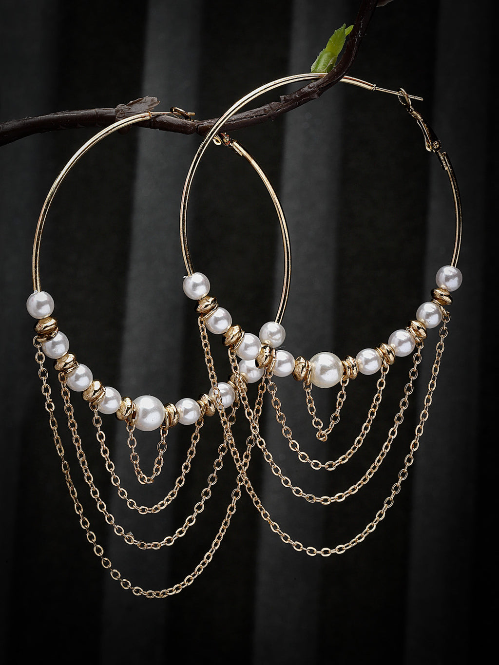 Gold-Toned Hoop Earrings with Pearls and Chain Details for Women – Elegant Statement Earrings for Parties, Weddings, and Special Occasions