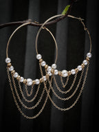 Gold-Toned Hoop Earrings with Pearls and Chain Details for Women – Elegant Statement Earrings for Parties, Weddings, and Special Occasions