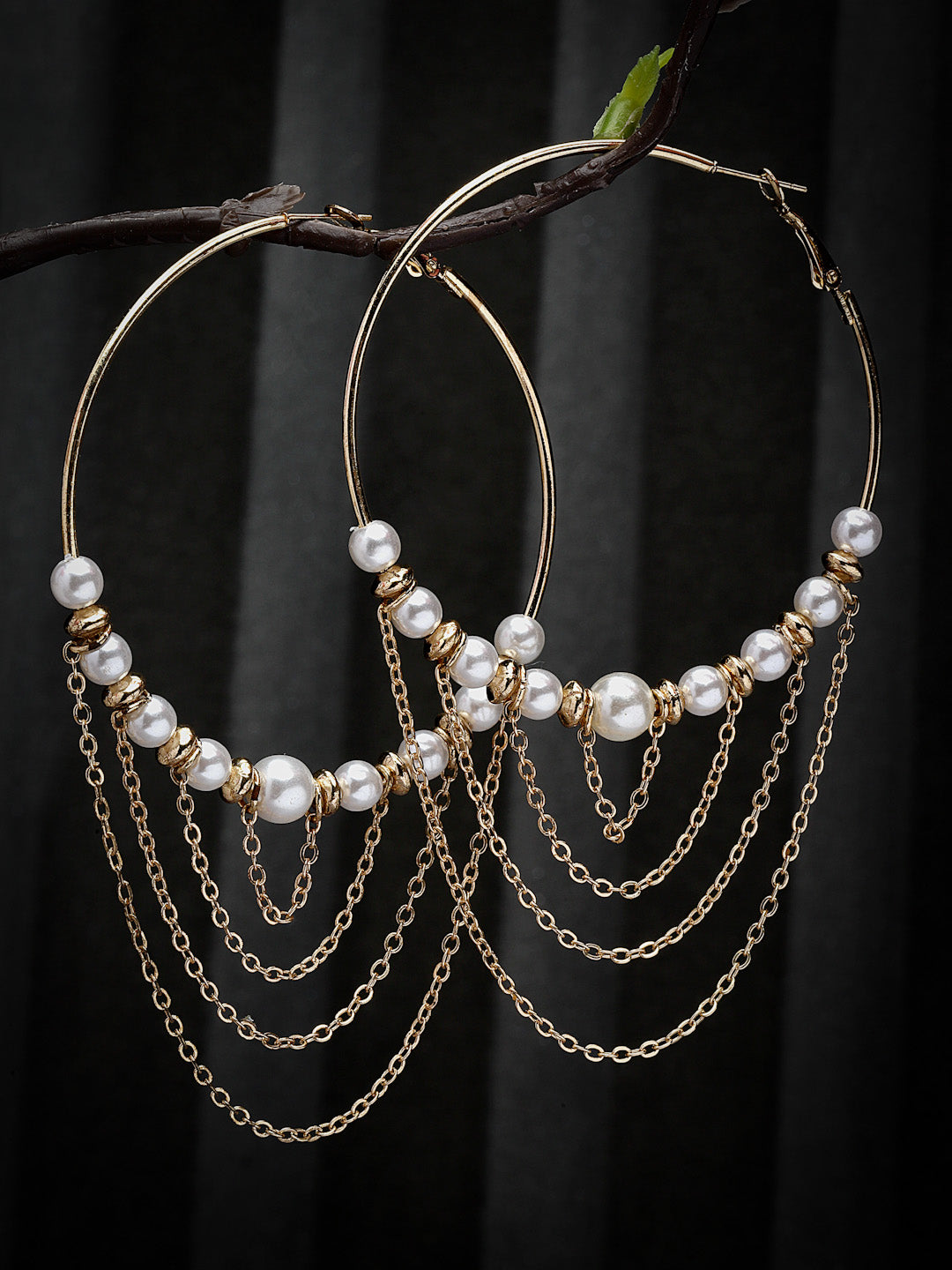 Gold-Toned Hoop Earrings with Pearls and Chain Details for Women – Elegant Statement Earrings for Parties, Weddings, and Special Occasions