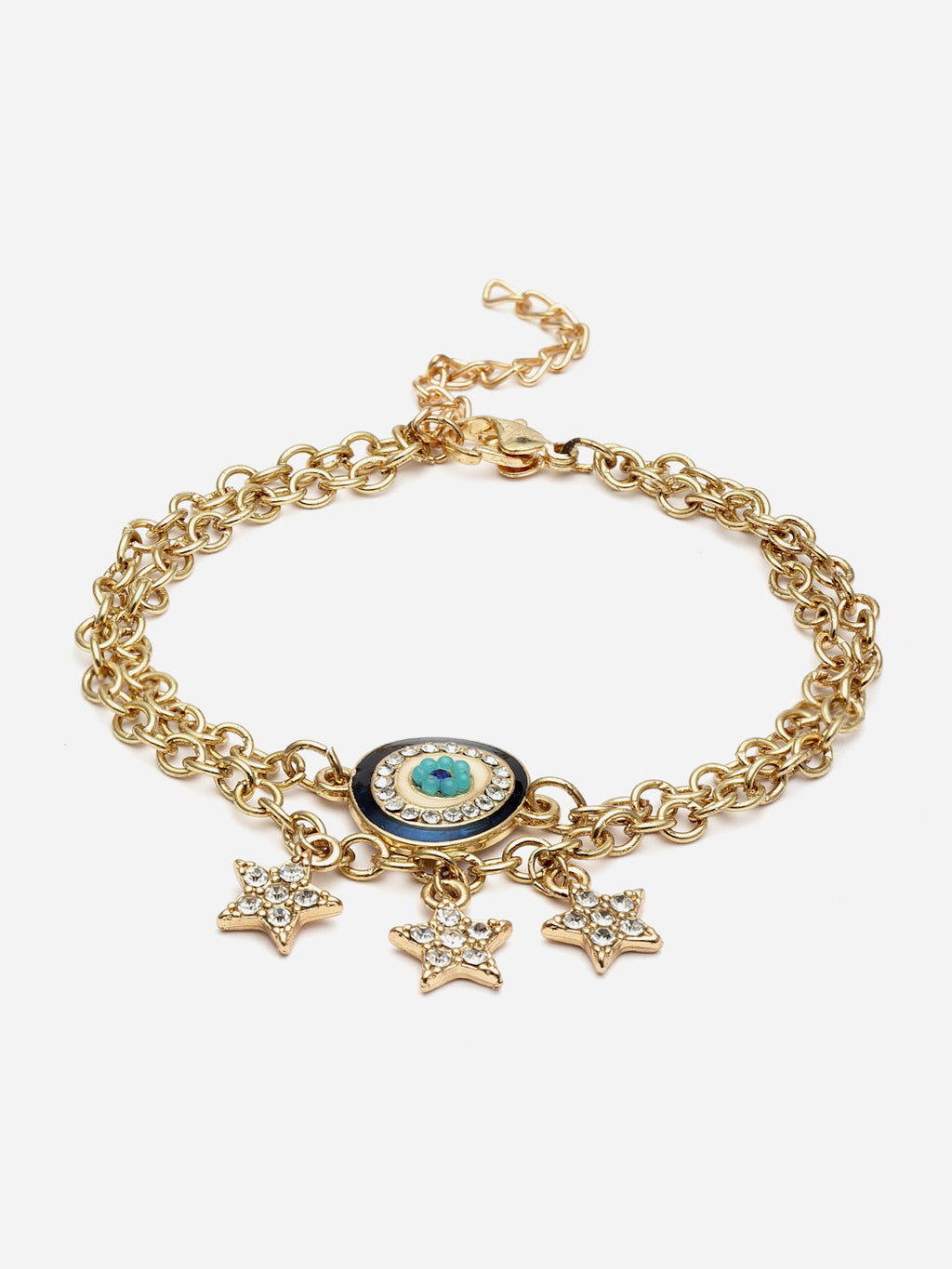 Gold-Plated Evil Eye Charm Bracelet with Star Pendants