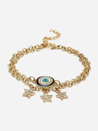 Gold-Plated Evil Eye Charm Bracelet with Star Pendants