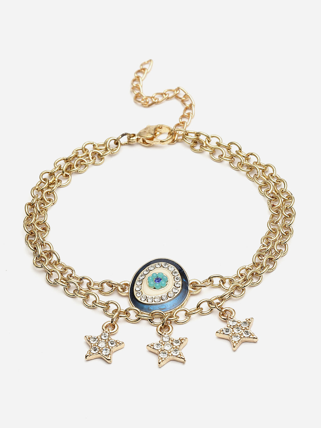 Gold-Plated Evil Eye Charm Bracelet with Star Pendants