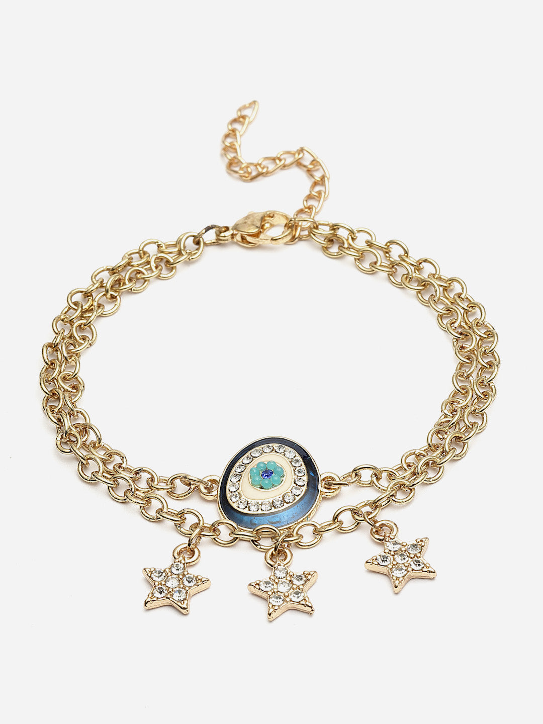 Gold-Plated Evil Eye Charm Bracelet with Star Pendants