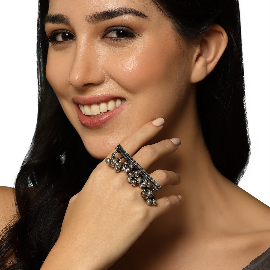 Silver-Plated Oxidised ghungaroo Studded Adjustable Finger Ring