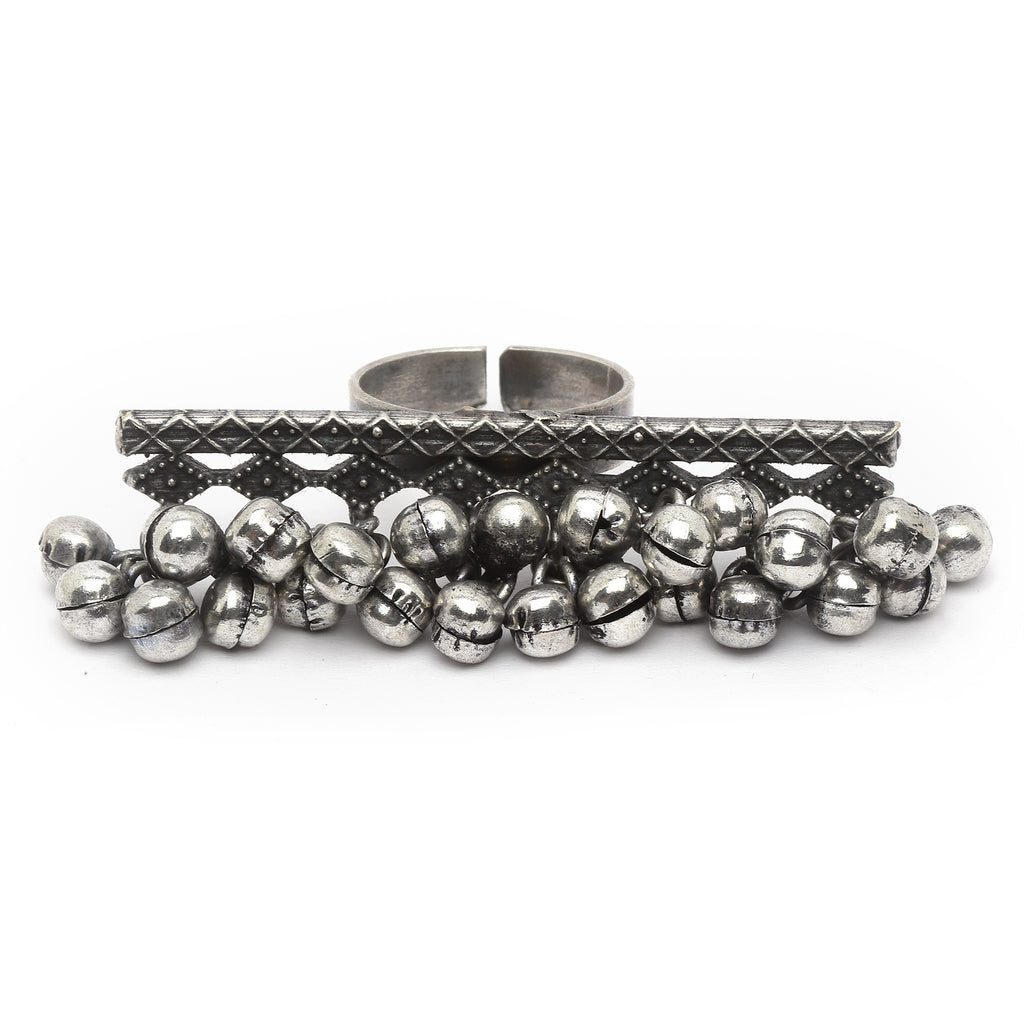 Silver-Plated Oxidised ghungaroo Studded Adjustable Finger Ring