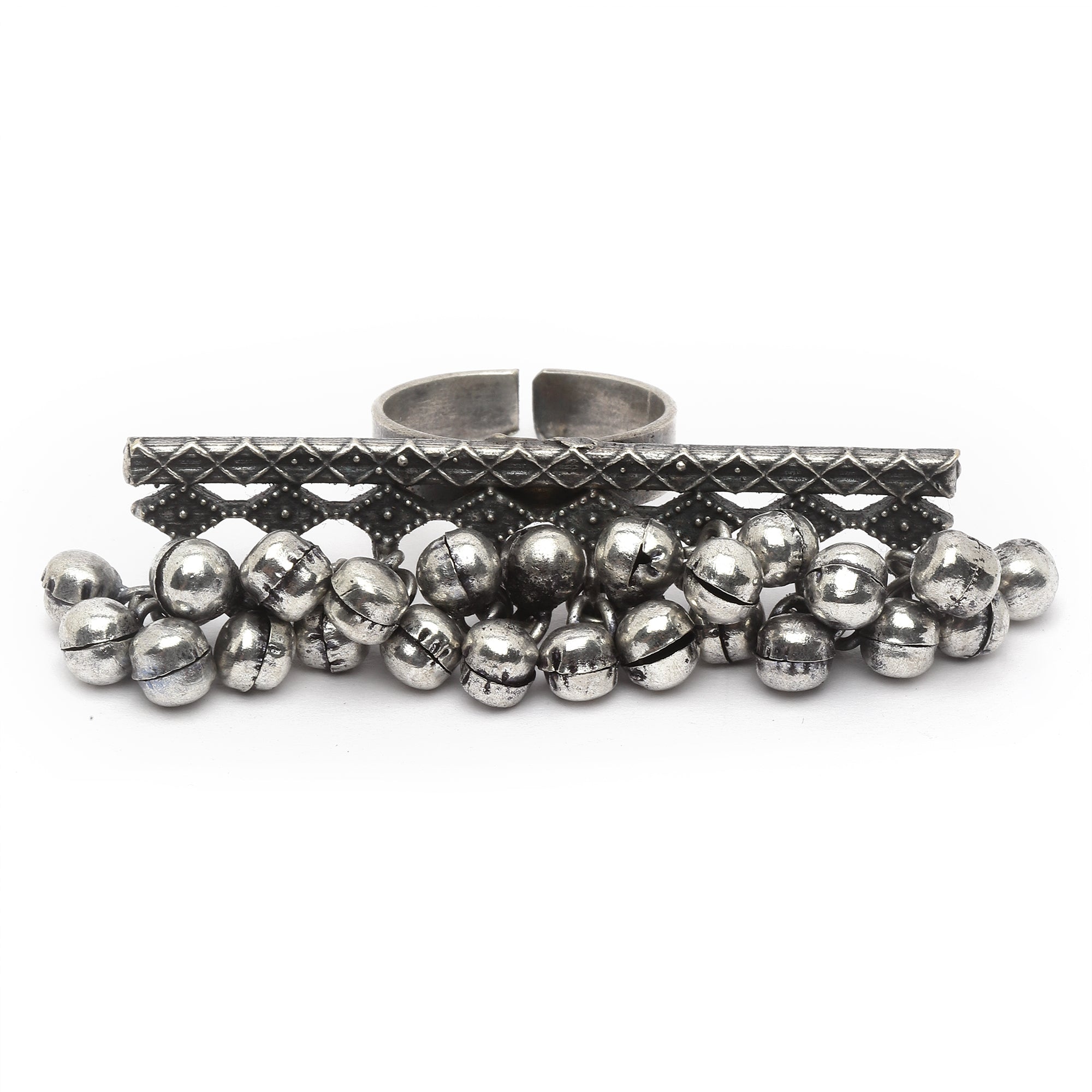 Silver-Plated Oxidised ghungaroo Studded Adjustable Finger Ring