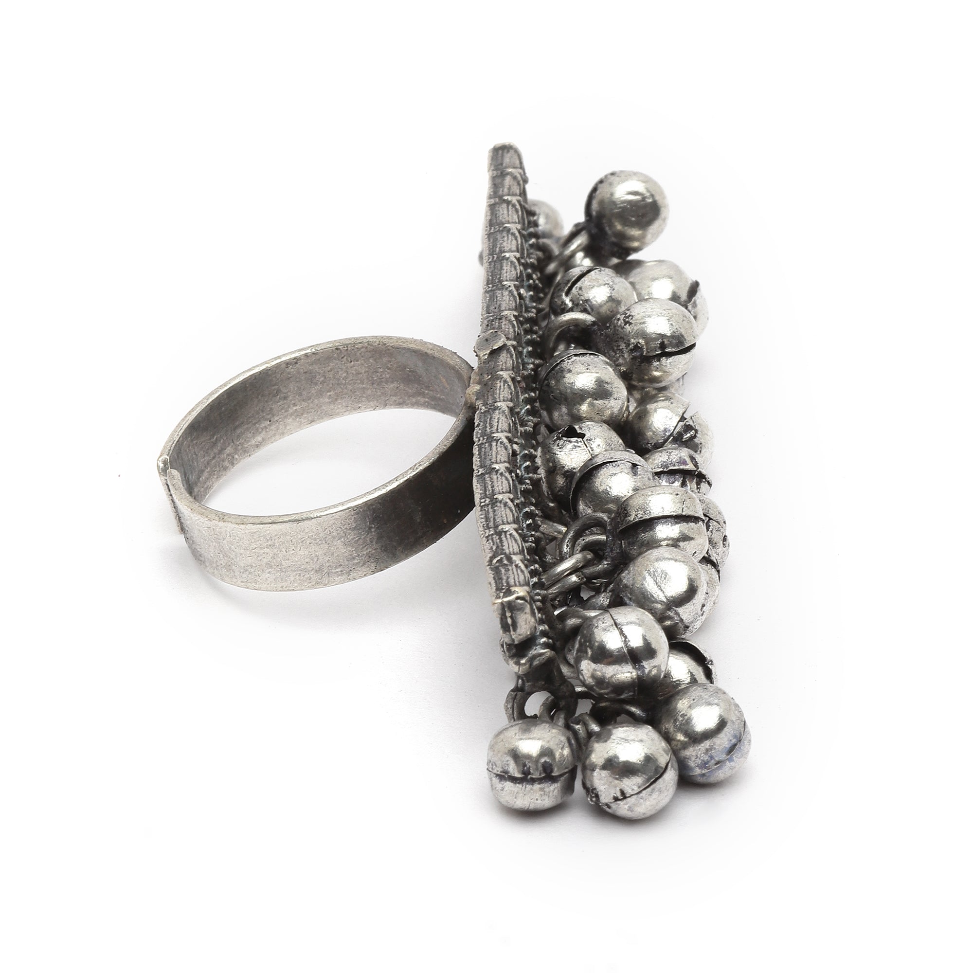 Silver-Plated Oxidised ghungaroo Studded Adjustable Finger Ring