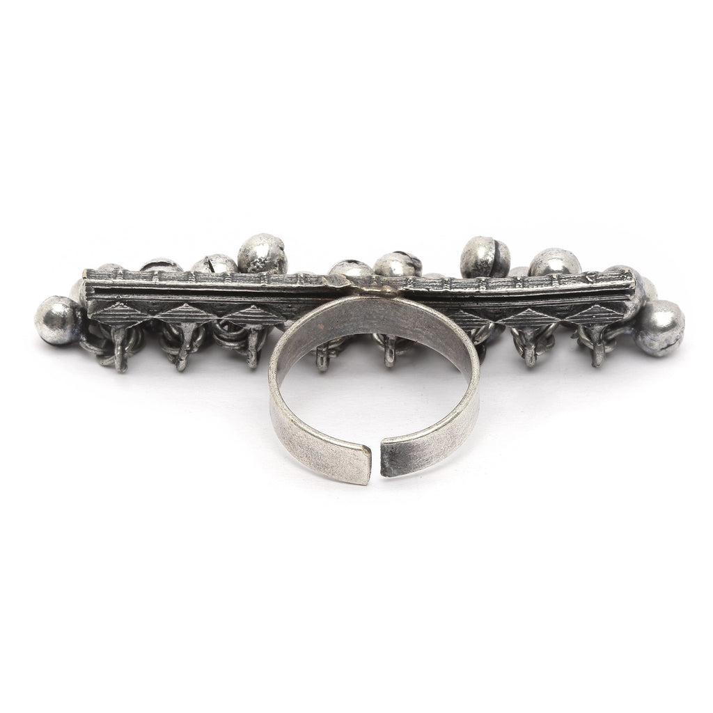Silver-Plated Oxidised ghungaroo Studded Adjustable Finger Ring