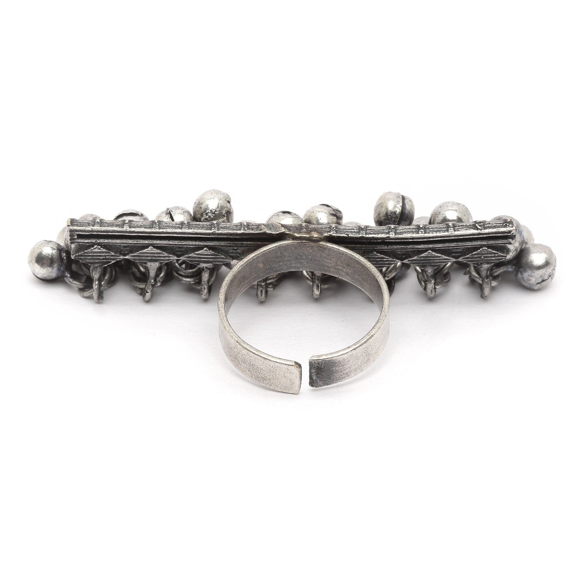 Silver-Plated Oxidised ghungaroo Studded Adjustable Finger Ring
