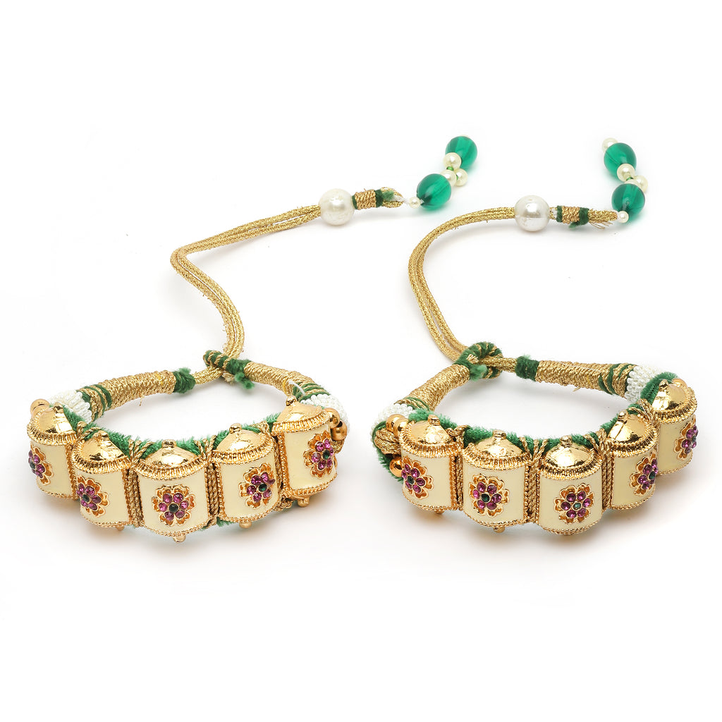 Women Set of 2 Gold-Plated Kundan Thread Meenakari Rajasthani Bridal Pochi Bracelet