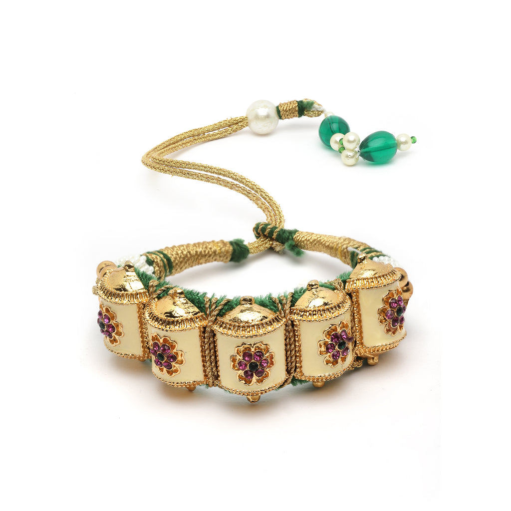 Women Set of 2 Gold-Plated Kundan Thread Meenakari Rajasthani Bridal Pochi Bracelet