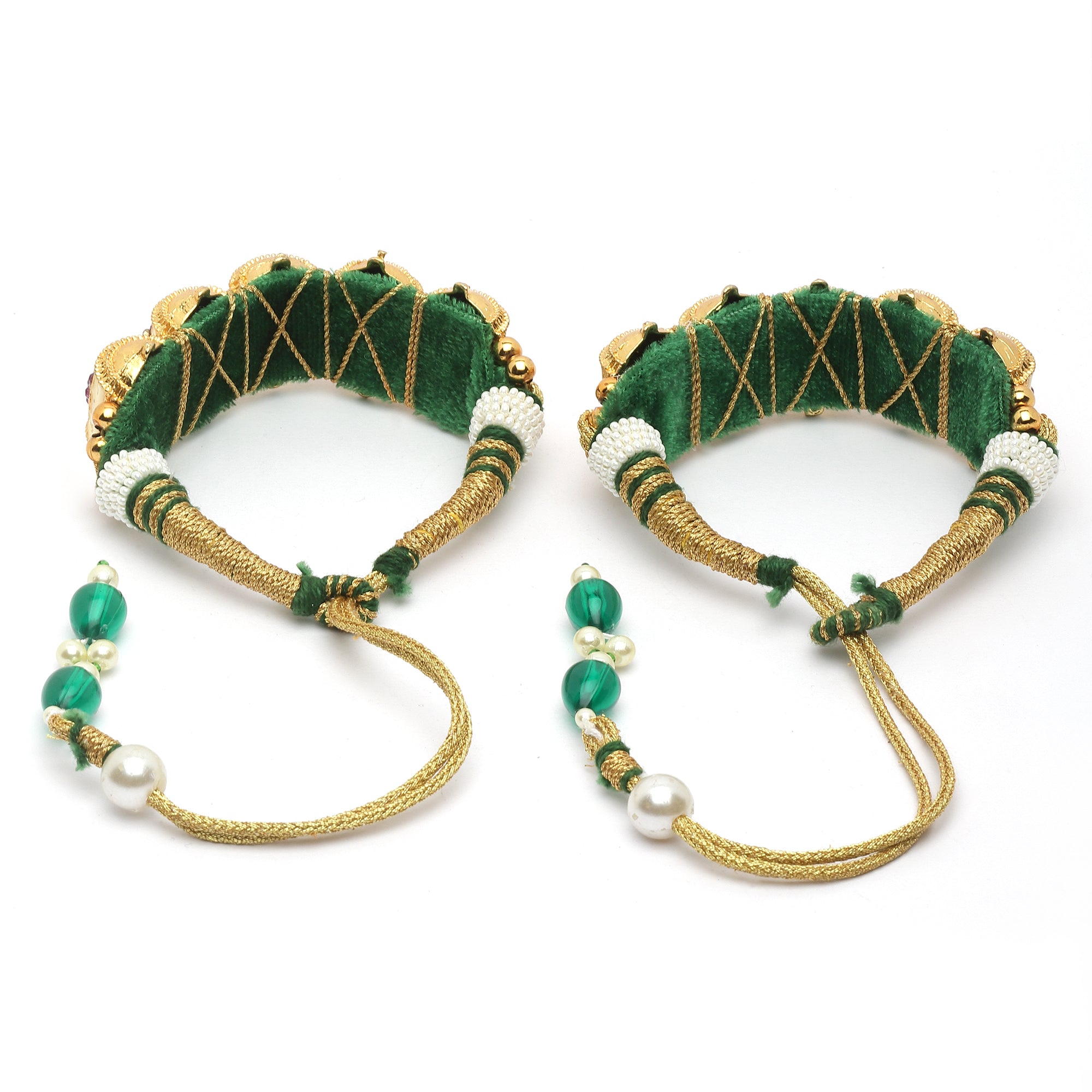 Women Set of 2 Gold-Plated Kundan Thread Meenakari Rajasthani Bridal Pochi Bracelet