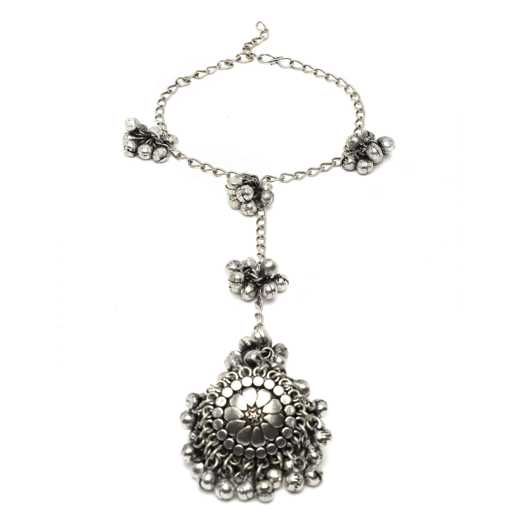 Silver-Plated Ghungroo Oxidized Finger Ring Bracelets