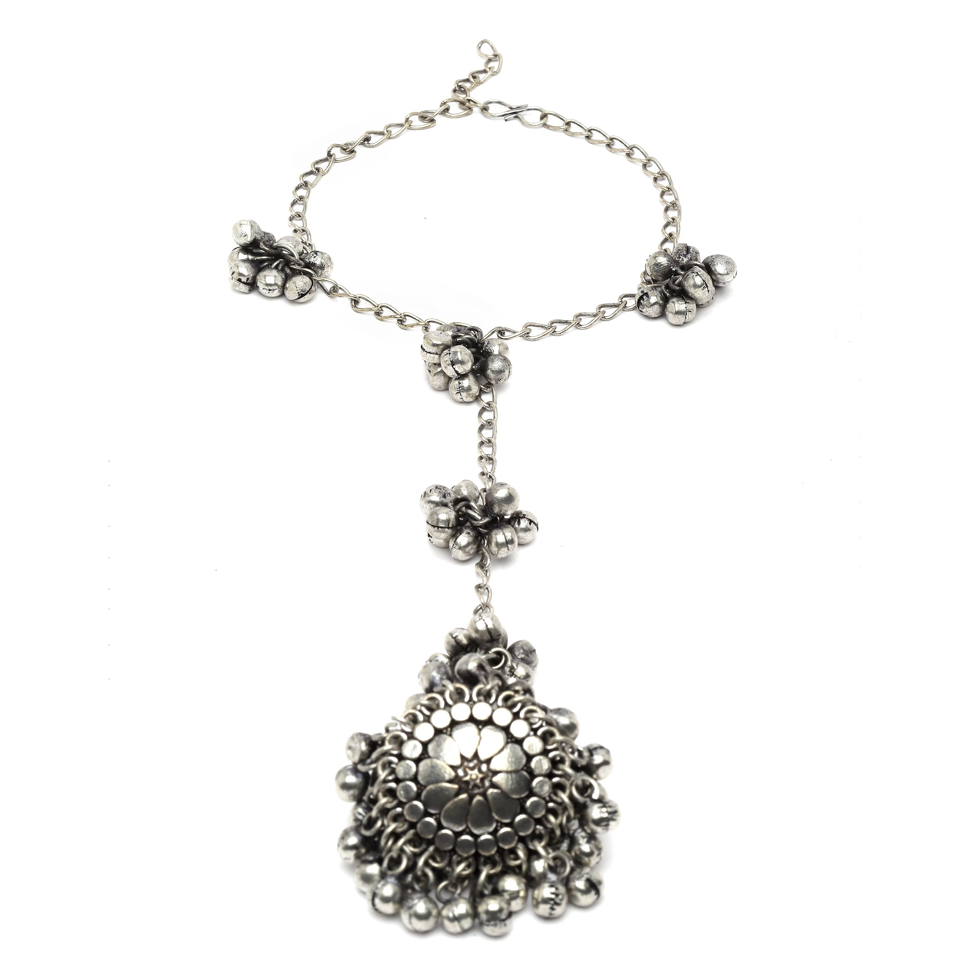 Silver-Plated Ghungroo Oxidized Finger Ring Bracelets