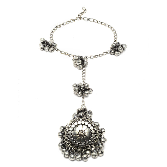 Silver-Plated Ghungroo Oxidized Finger Ring Bracelets