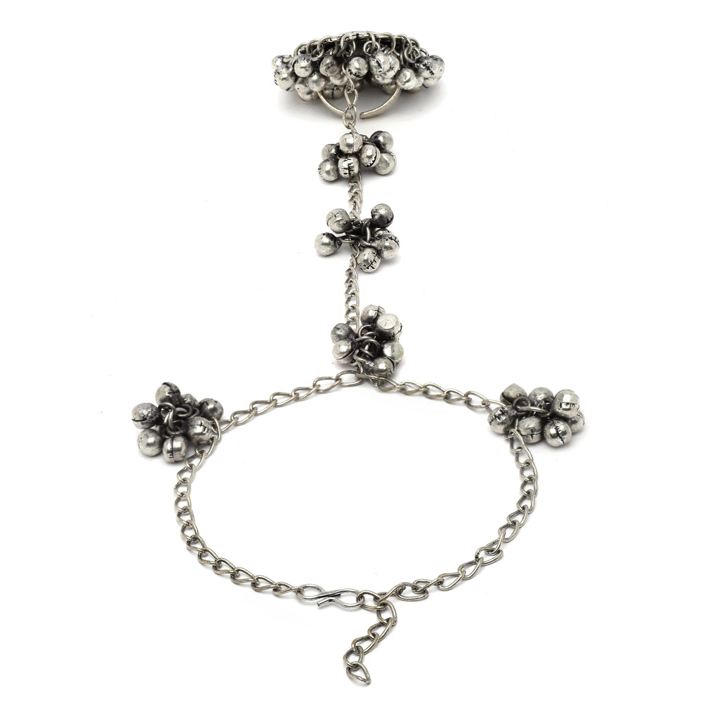 Silver-Plated Ghungroo Oxidized Finger Ring Bracelets