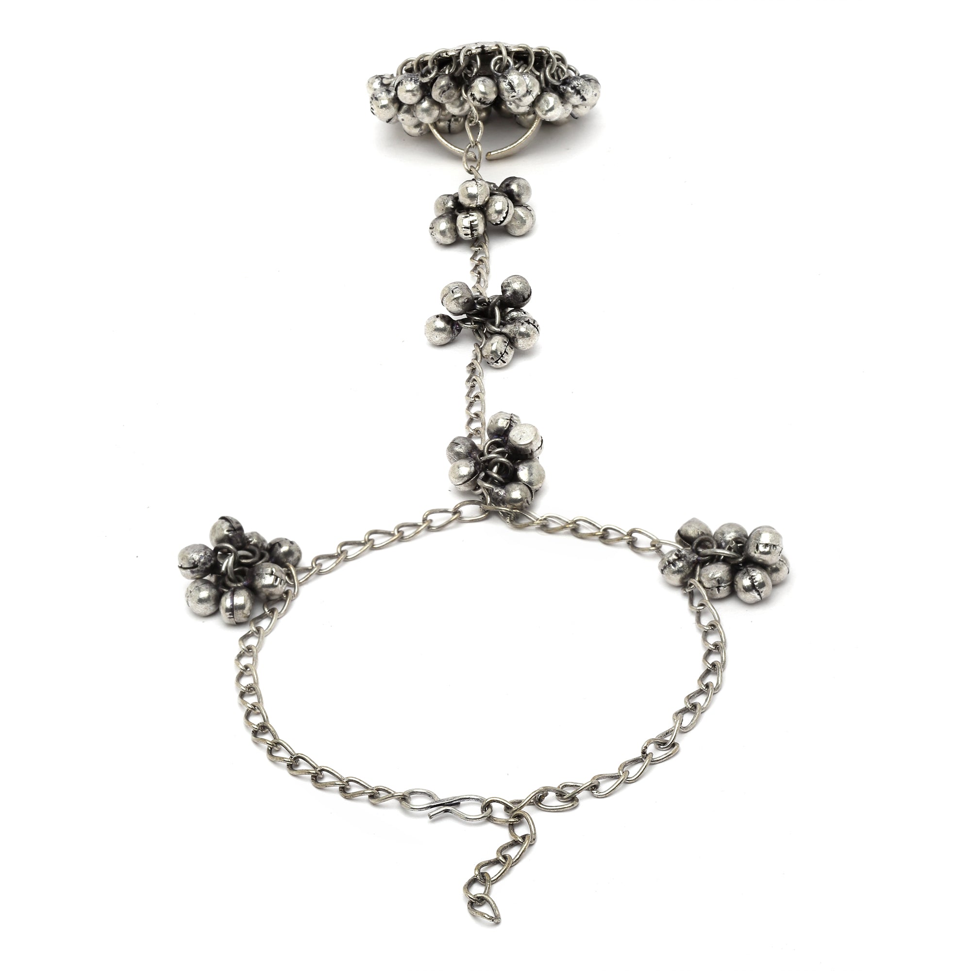 Silver-Plated Ghungroo Oxidized Finger Ring Bracelets