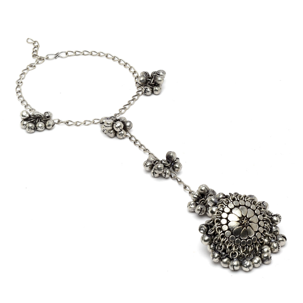 Silver-Plated Ghungroo Oxidized Finger Ring Bracelets
