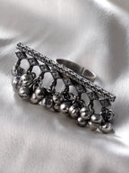 Silver-Plated Oxidised ghungaroo Studded Adjustable Finger Ring