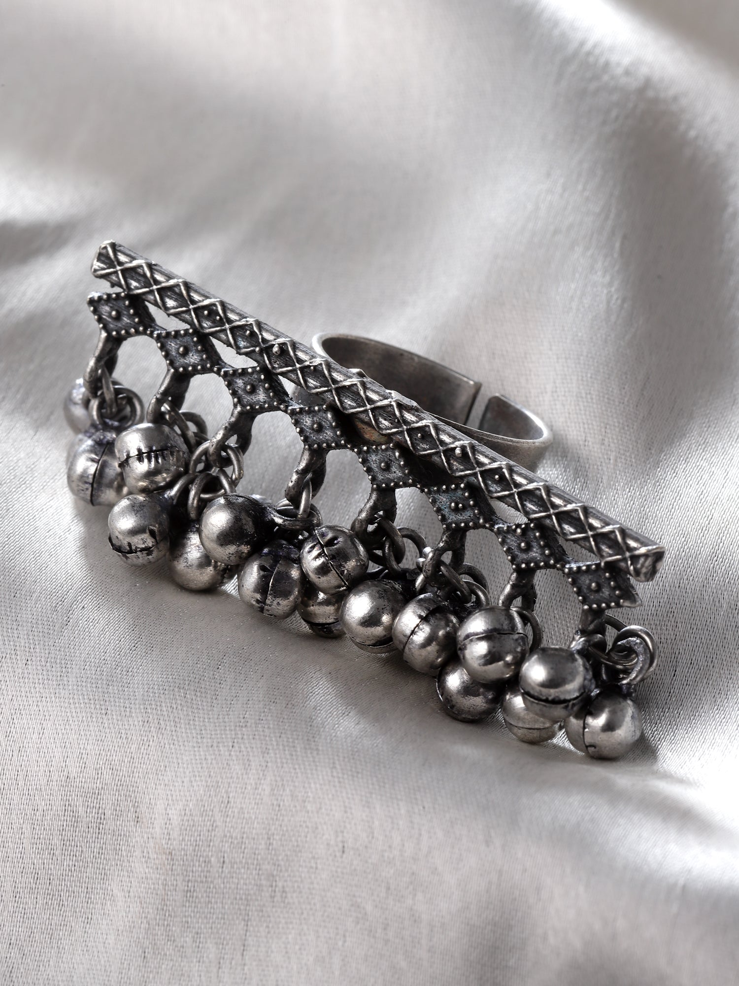 Silver-Plated Oxidised ghungaroo Studded Adjustable Finger Ring