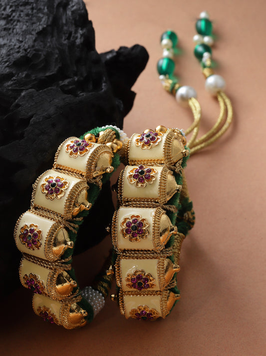 Women Set of 2 Gold-Plated Kundan Thread Meenakari Rajasthani Bridal Pochi Bracelet