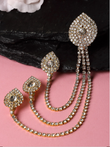 Men Stone-Studded Statement American Diamond Brooch Chain Lapel Pin