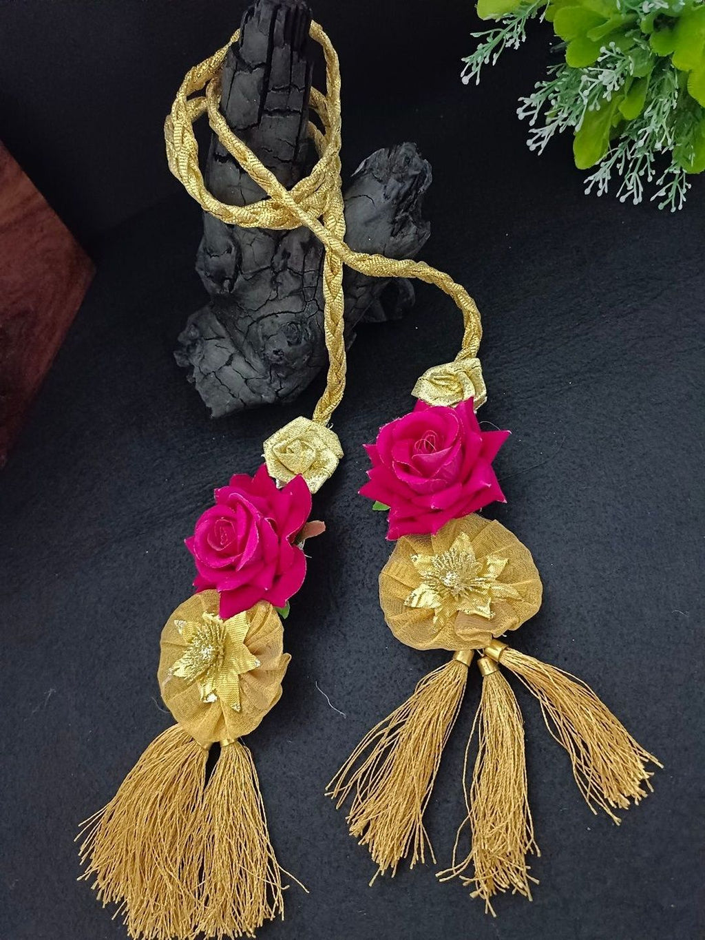 Lace & Gota Flower Choti Paranda Ponytail Braid Holder – Gold & Pink Rose