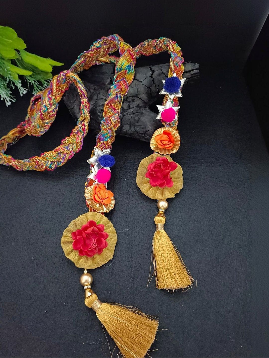 Lace & Gota Flower Punjabi Choti Paranda – Multicolour Beaded Cord