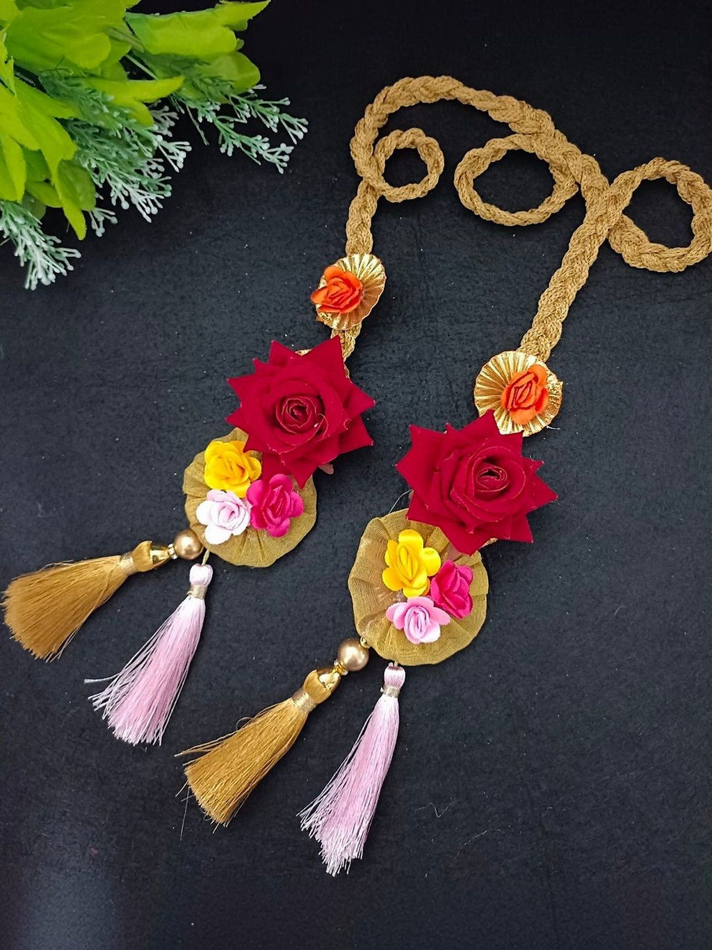 Lace & Gota Flower Choti Paranda Ponytail Braid Holder – Gold & Pink Tassel