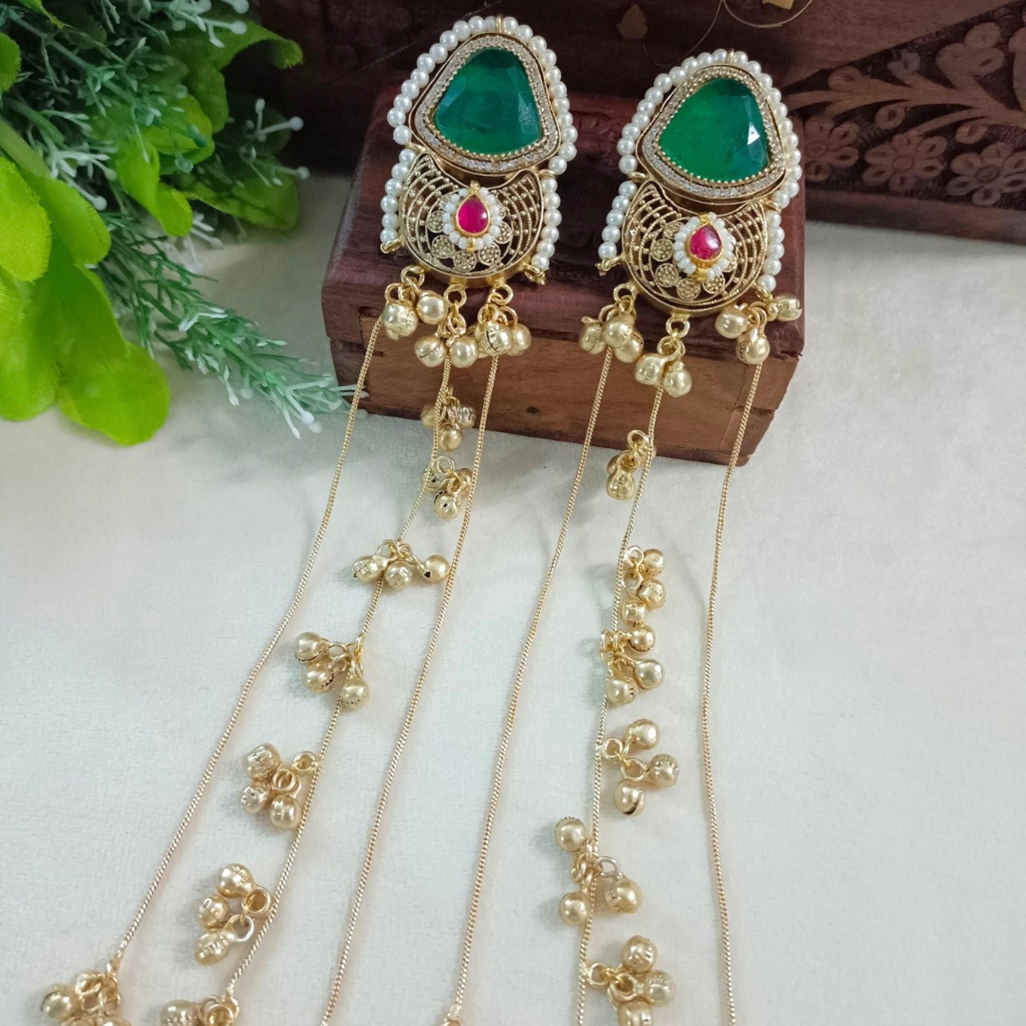 Gold-Toned Geometric Drop Earrings | Kundan Studded Beaded Kashmiri Style