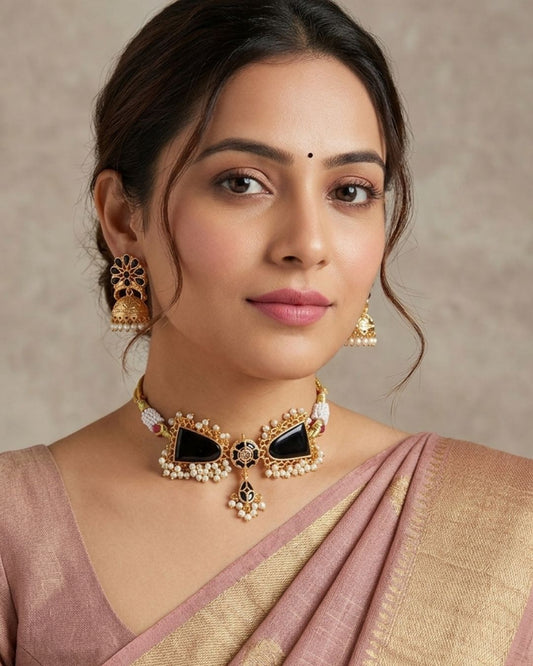 Gold-Plated Kundan & Pearl Beaded Choker Set with Jhumka Earrings