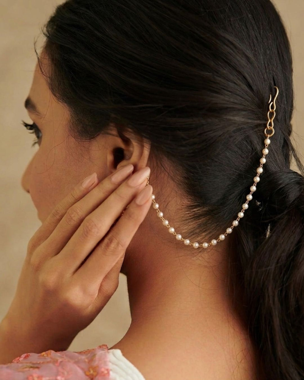 Gold-Plated Pearls Studded Classic Layered Ear Chain Earrings