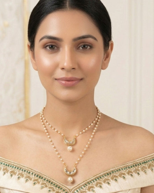 Gold-Plated Kundan Studded Crescent Moon Charms Layered Collor Pearl Necklace