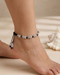 Black Beaded Silver-Plated Charm Oxidized German Silver Thread Anklet