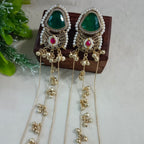 Gold-Toned Geometric Drop Earrings | Kundan Studded Beaded Kashmiri Style