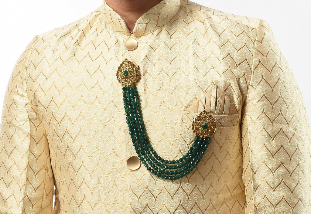 Gold-Toned & Green Artificial Stones Studded & Beaded Wedding Long Brooch