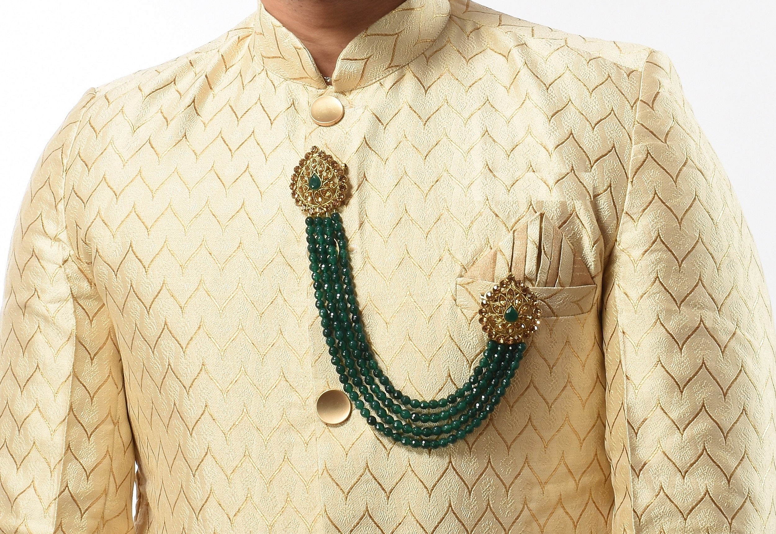 Gold-Toned & Green Artificial Stones Studded & Beaded Wedding Long Brooch