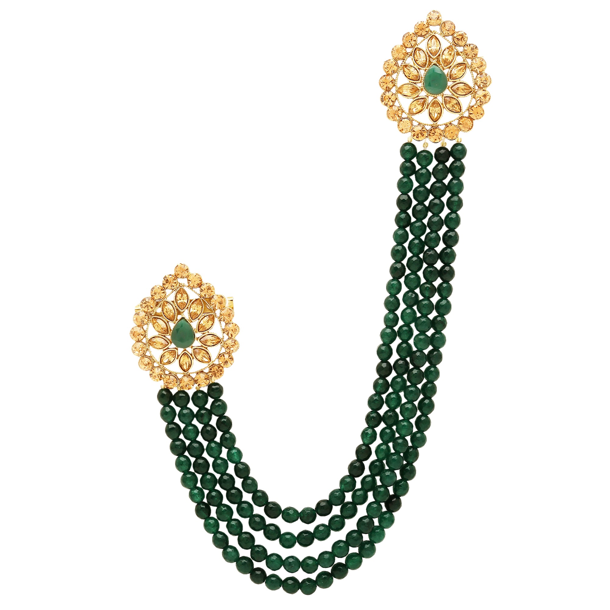 Gold-Toned & Green Artificial Stones Studded & Beaded Wedding Long Brooch