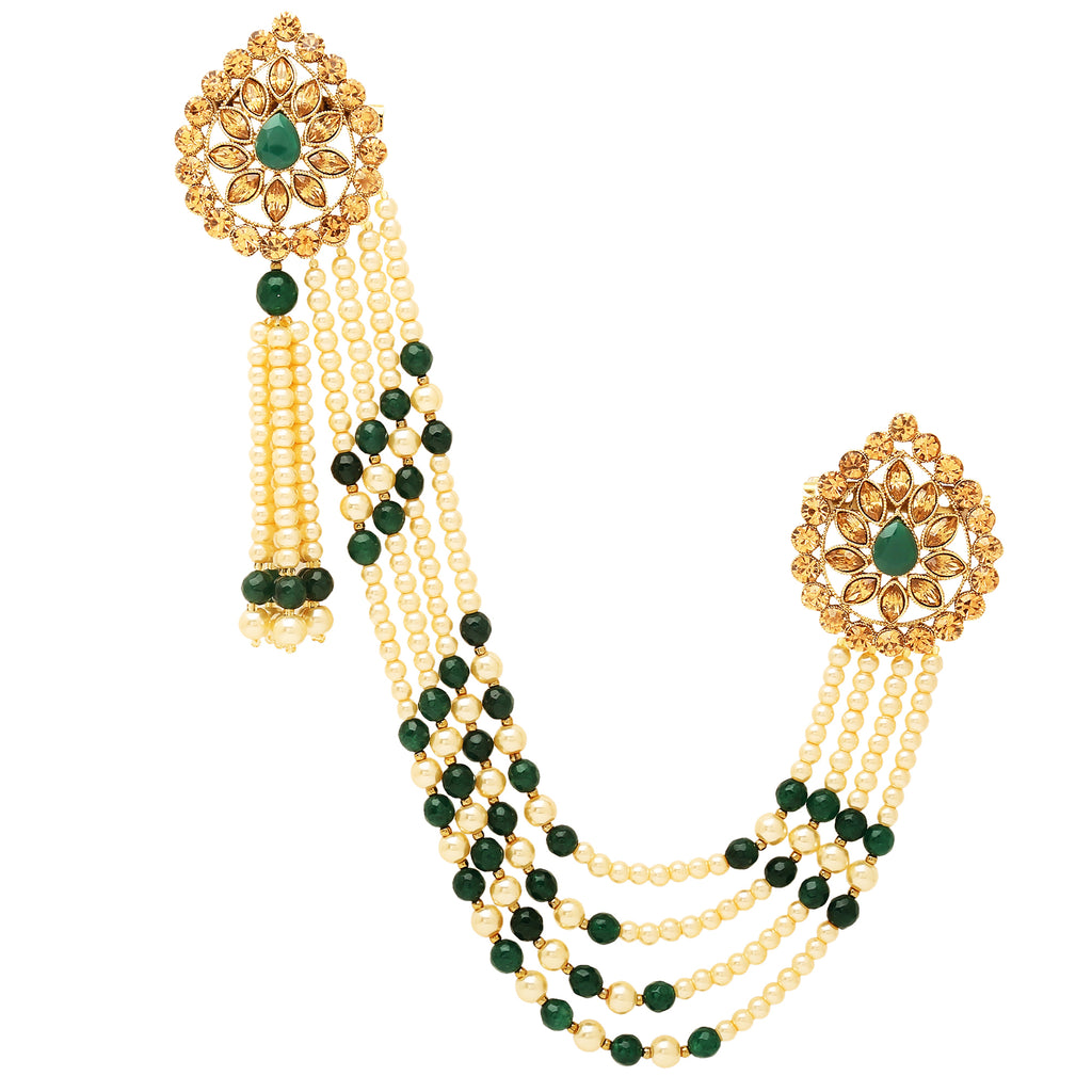 Unisex Off White & Green Beaded and Stone Studded Brooch