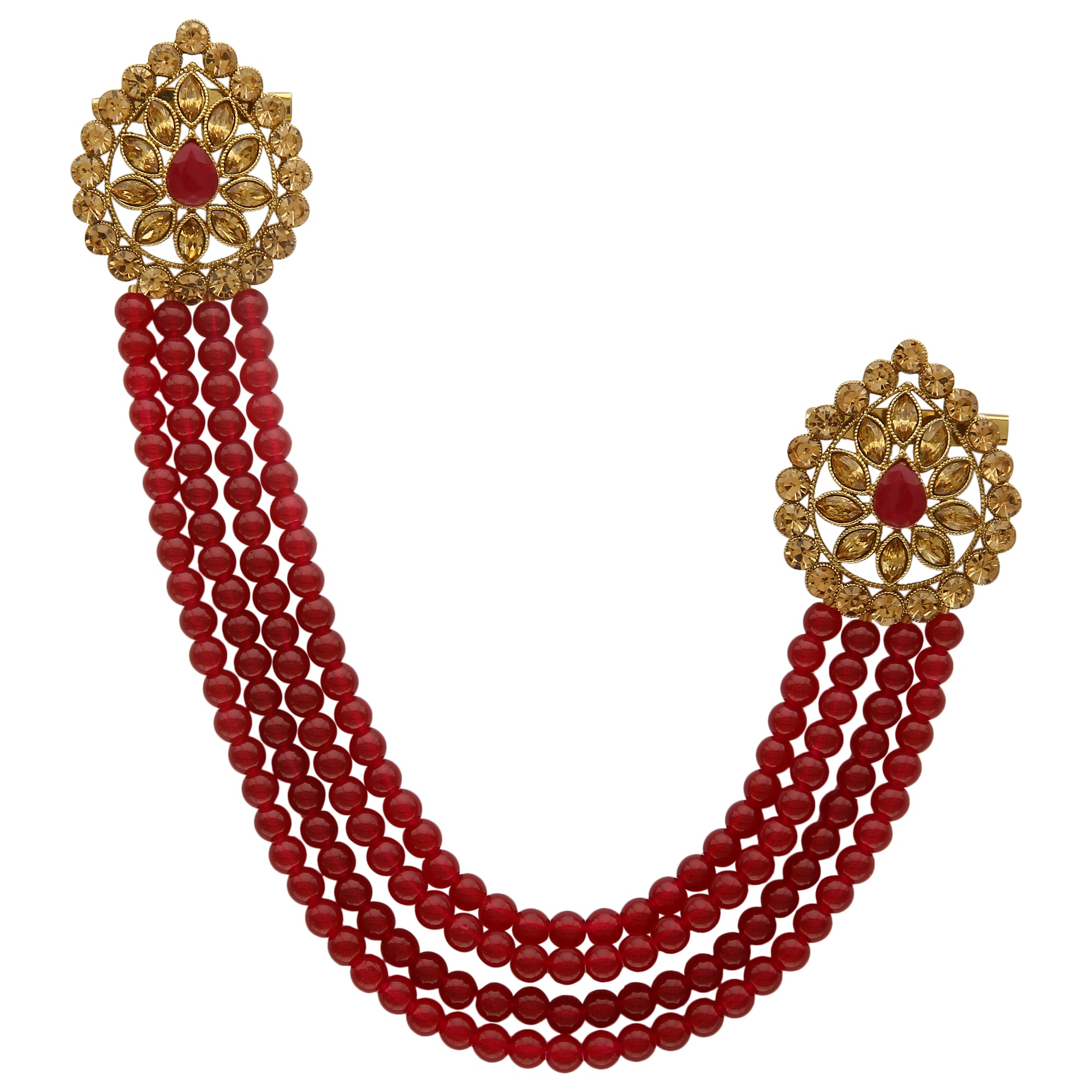Gold-Toned & Maroon Artificial Stones Studded & Beaded Wedding Long Brooch