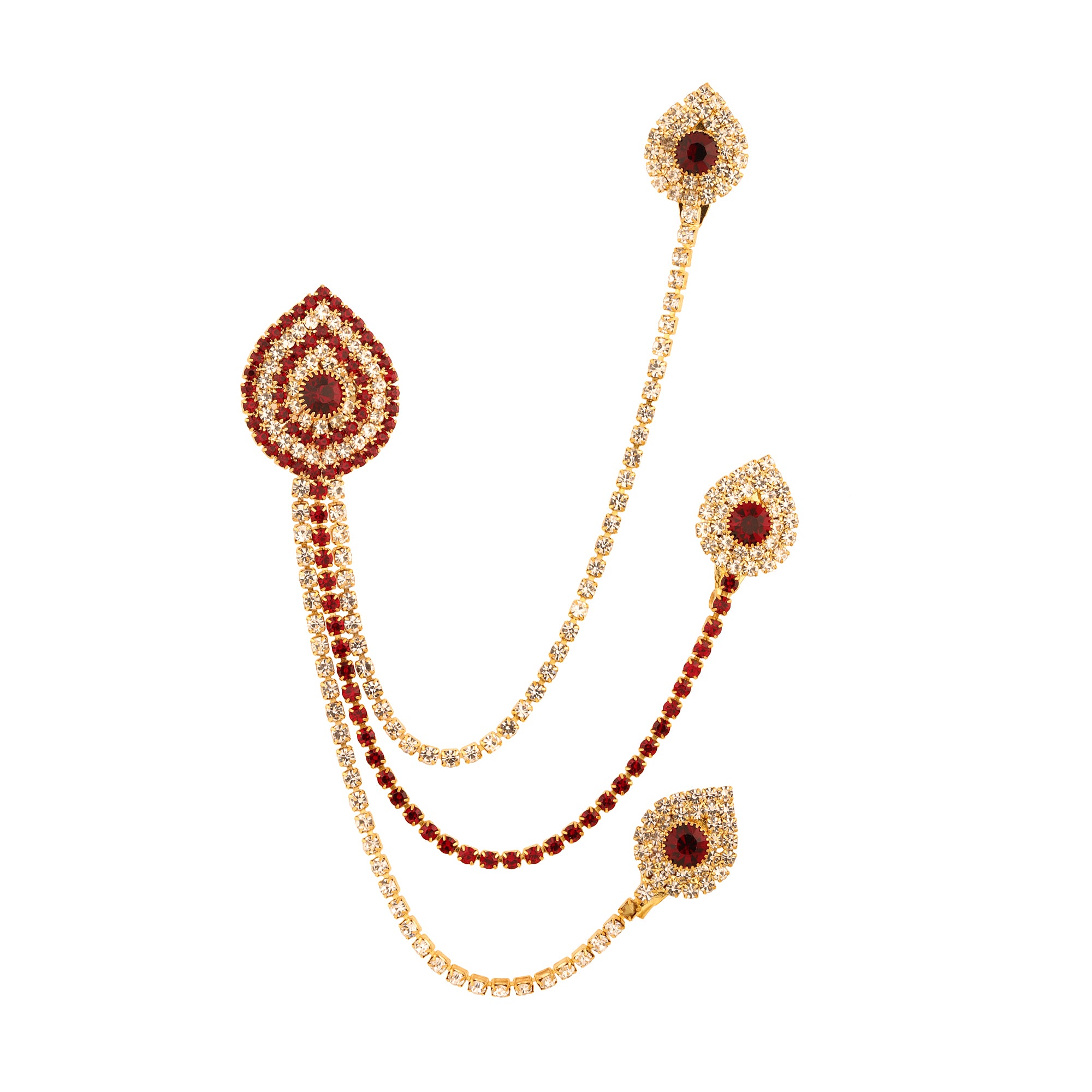 Men Gold-Toned & Maroon Stone Studded Layered Chain Brooch Pin