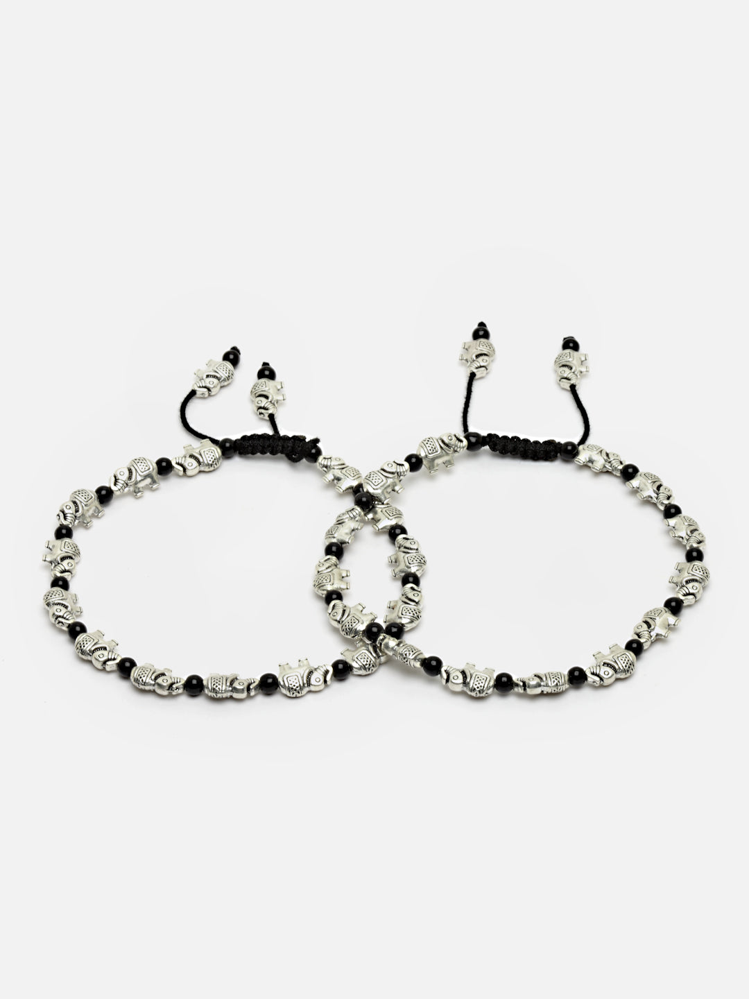 Set Of 2 Oxidized German Silver-Plated & Black Elephant Charm Thread Anklets