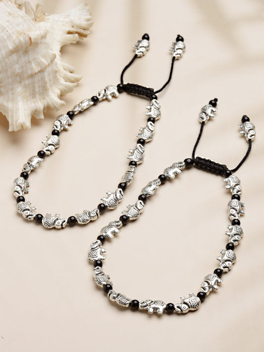 Set Of 2 Oxidized German Silver-Plated & Black Elephant Charm Thread Anklets