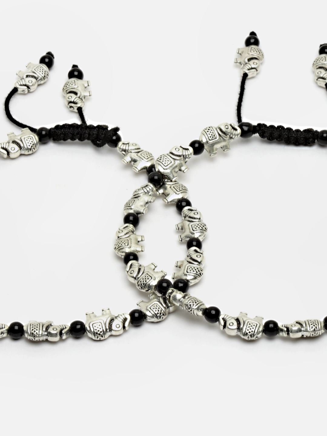 Set Of 2 Oxidized German Silver-Plated & Black Elephant Charm Thread Anklets