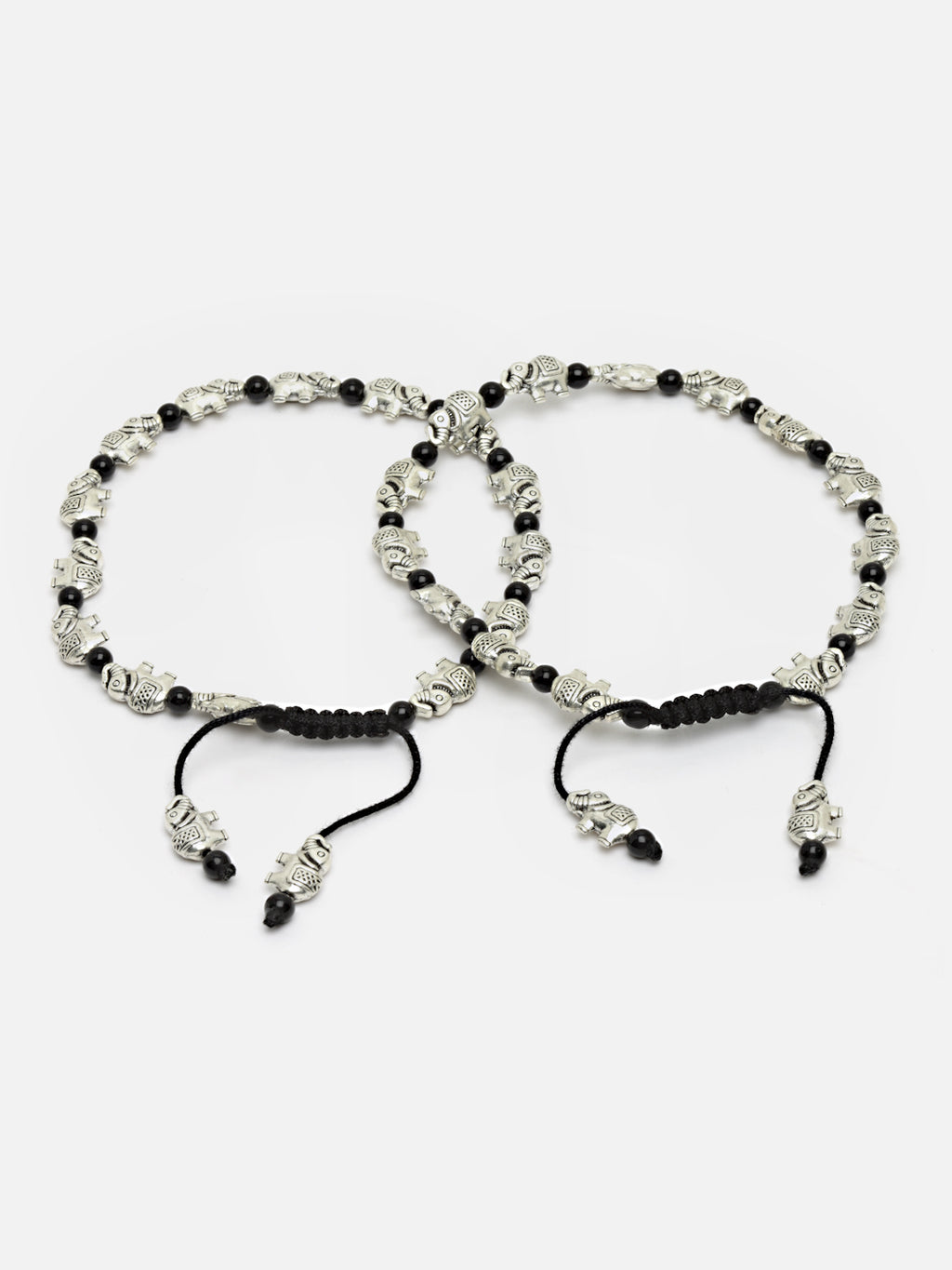 Set Of 2 Oxidized German Silver-Plated & Black Elephant Charm Thread Anklets