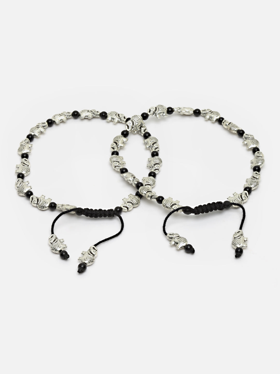 Set Of 2 Oxidized German Silver-Plated & Black Elephant Charm Thread Anklets
