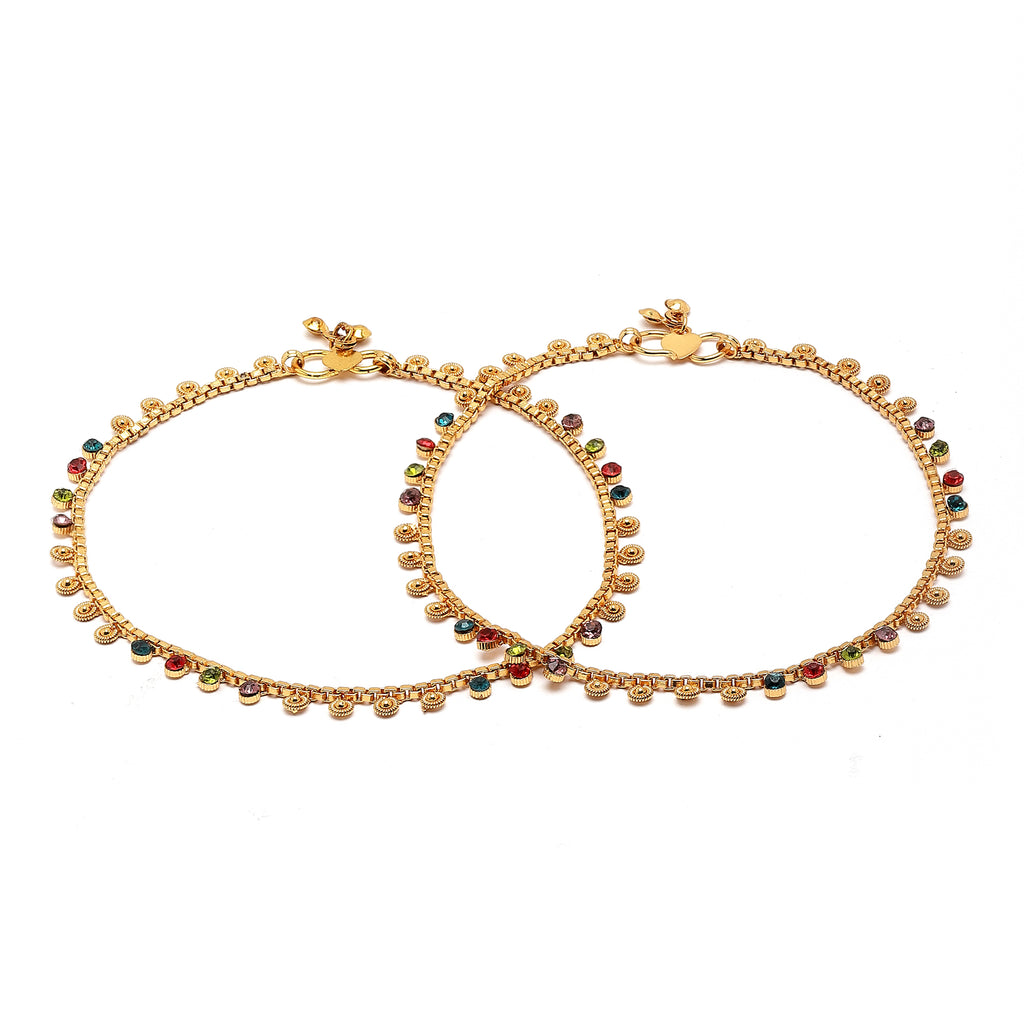 Gold-Plated Mutlicolored Stone-Studded & Beaded Treditional Anklets