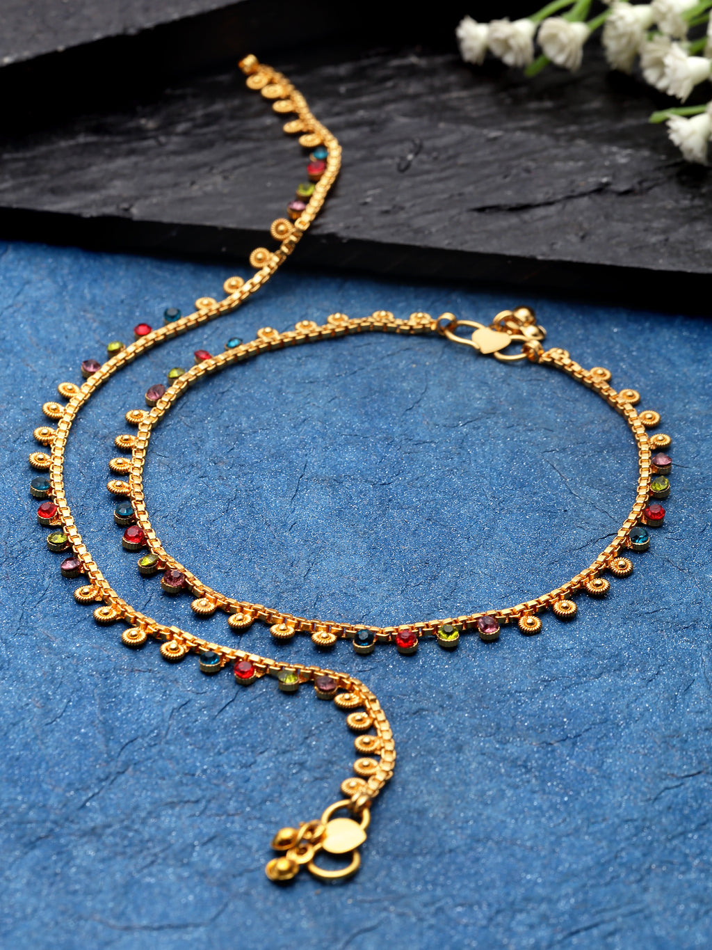 Gold-Plated Mutlicolored Stone-Studded & Beaded Treditional Anklets